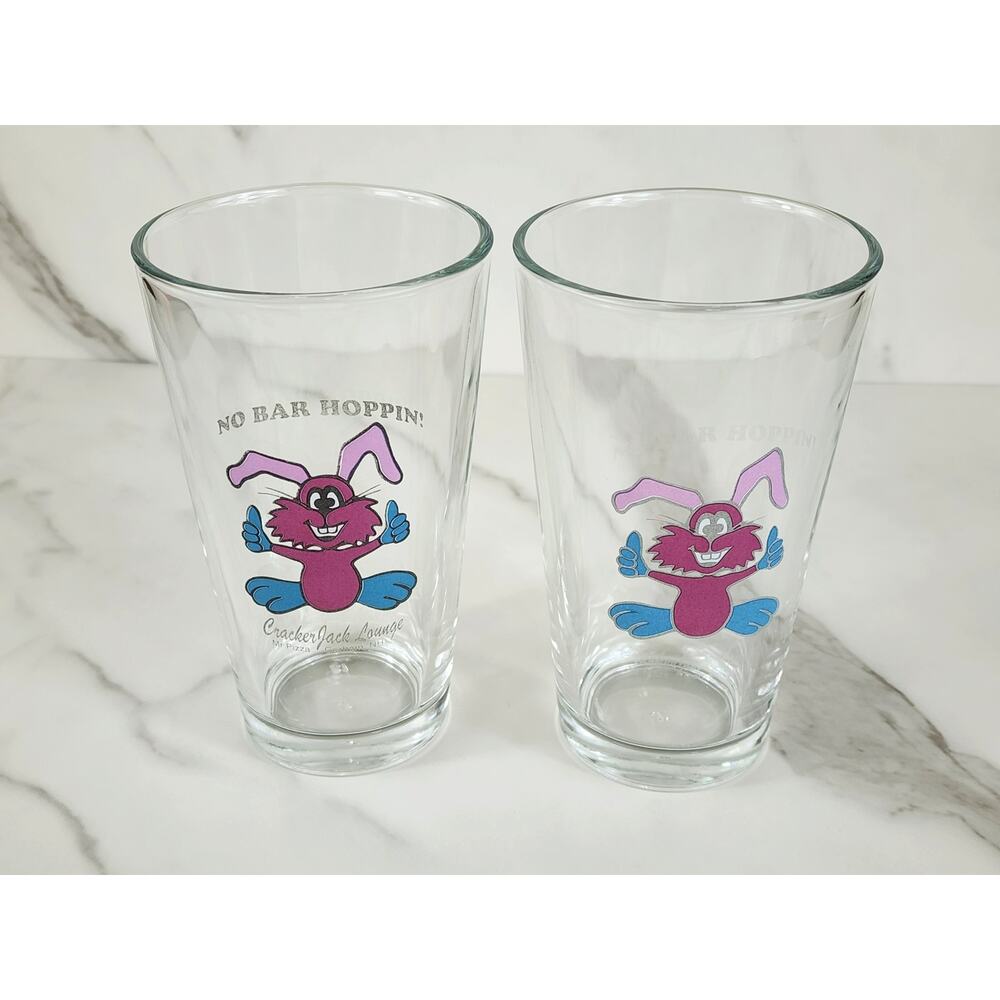 Rabbit Pink Pint Beer Clear Glass Logo Pizza 16oz Drinkware 5 3/4" Brewery x2